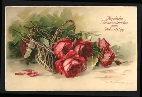 Künstler-AK Catharina Klein: Körbchen mit roten Rosen, Geburtstagsgruss
