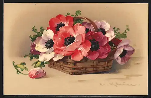 Künstler-AK Catharina Klein: Körbchen mit Mohnblumen, Namenstagsgruss