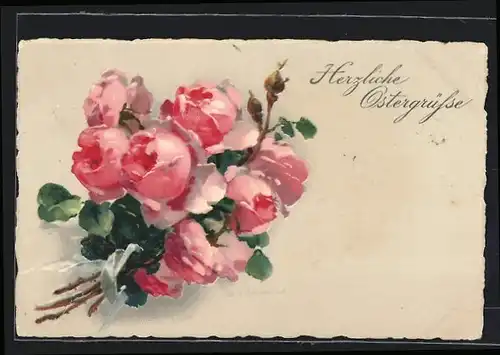 Künstler-AK Catharina Klein: Rosa Rosensträusschen, Ostergruss