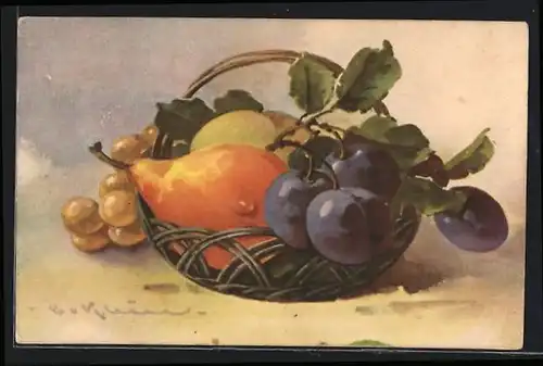 Künstler-AK Catharina Klein: Körbchen mit Birne und Pflaumen