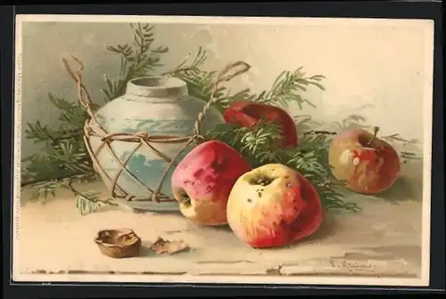 Künstler-AK Catharina Klein: Äpfel neben einer leeren Vase