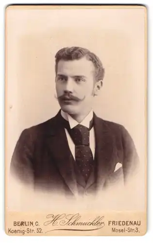 Fotografie H. Schmuckler, Berlin, Königstr. 52, Junger Herr mit Schnauzbart und breiter Krawatte