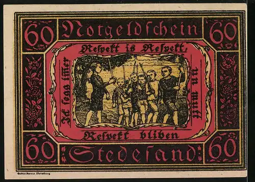 Notgeld Stedesand 1920, 60 Pfennig, Wappen, Kinder spielen Krieg