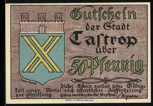 Notgeld Castrop 1921, 50 Pfennig, Wappen, Pferdesport