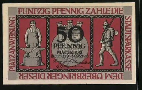 Notgeld Bielefeld 1918, 50 Pfennig, Schmied, Soldat in Uniform