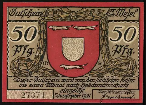 Notgeld Wesel 1921, 50 Pfennig, Gedenkstein, Wappen