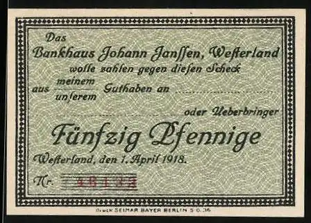 Notgeld Westerland 1918, 50 Pfennig, Bankhaus Janssen