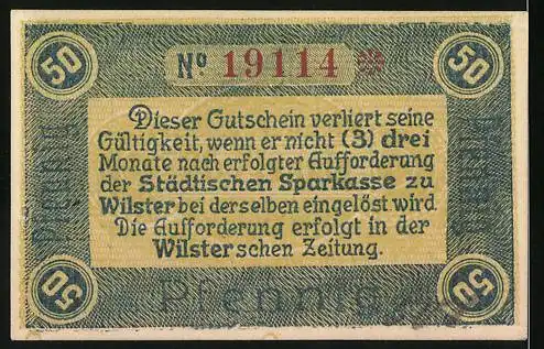 Notgeld Wilster, 50 Pfennig, Engel und Wappen