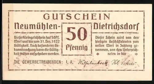 Notgeld Neumühlen-Dietrichsdorf 1922, 50 Pfennig, Kran, Frosch