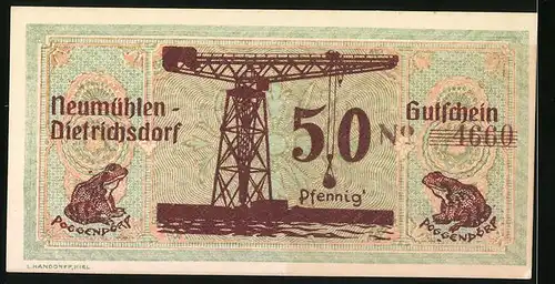 Notgeld Neumühlen-Dietrichsdorf 1922, 50 Pfennig, Kran, Frosch