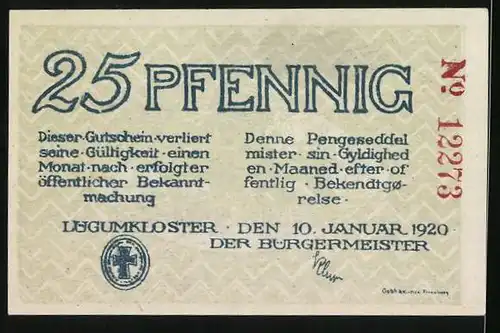 Notgeld Lügumkloster 1920, 25 Pfennig, Wappen mit Bischof