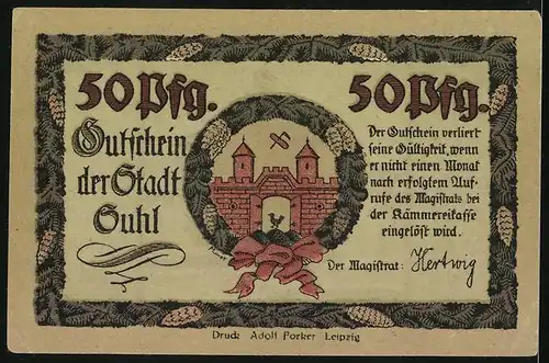 Notgeld Suhl, 50 Pfennig, Rathaus, Wappen