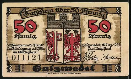 Notgeld Salzwedel 1921, 50 Pfennig, Wappen, an der Jeetze