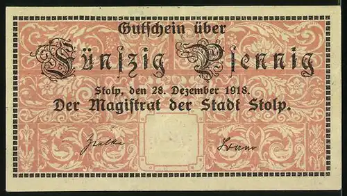 Notgeld Stolp 1918, 50 Pfennig, Wappen der Ortschaft