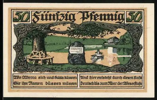 Notgeld Hann. Münden 1921, 50 Pfennig, Zusammenfluss von Werra und Fulda zur Weser
