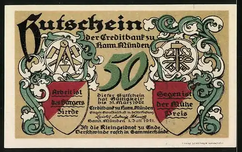 Notgeld Hann. Münden 1921, 50 Pfennig, Zusammenfluss von Werra und Fulda zur Weser