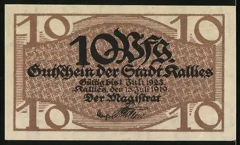 Notgeld Kallies 1919, 10 Pfennig, Wappen der Stadt