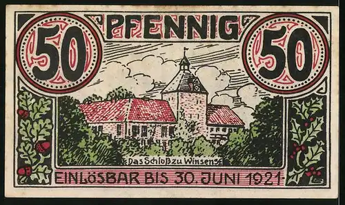 Notgeld Winsen 1921, 50 Pfennig, Schloss, Schwarzbunte Kühe