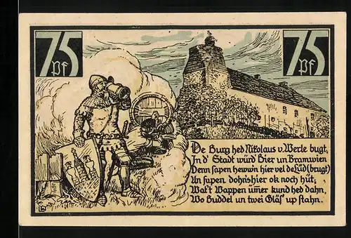 Notgeld Wesenberg 1921, 75 Pfennig, Burg, Wappen