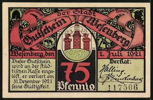 Notgeld Wesenberg 1921, 75 Pfennig, Burg, Wappen