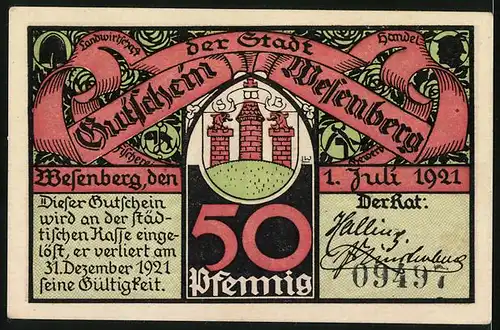 Notgeld Wesenberg 1921, 50 Pfennig, Wappen, Fischer und Fleischer
