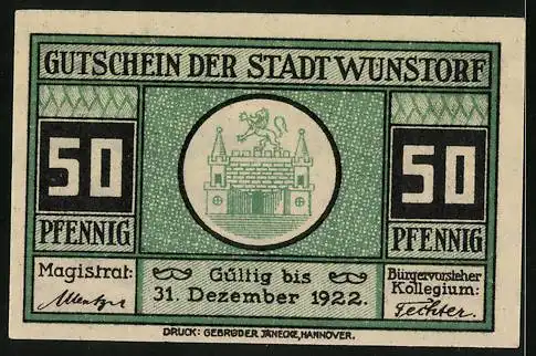 Notgeld Wunstorf 1922, 50 Pfennig, Stiftskirche