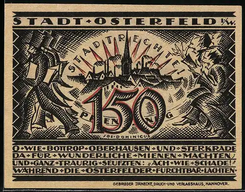 Notgeld Osterfeld i. Westf., 150 Pfennig, Bergmann vor einer Lore, Stadtrechte