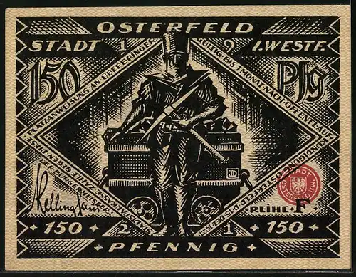 Notgeld Osterfeld i. Westf., 150 Pfennig, Bergmann vor einer Lore, Stadtrechte