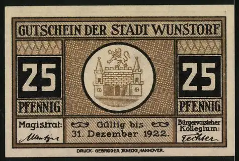 Notgeld Wunstorf 1922, 25 Pfennig, Langestrasse mit Stadtkirche