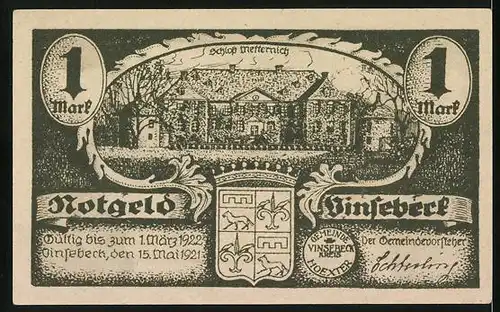 Notgeld Vinsebeck 1921, 1 Mark, Epitaph aus der Kirche, Schloss Metternich