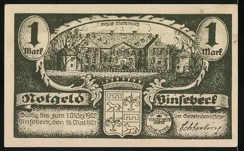 Notgeld Vinsebeck 1921, 1 Mark, Epitaph aus der Kirche, Schloss Metternich