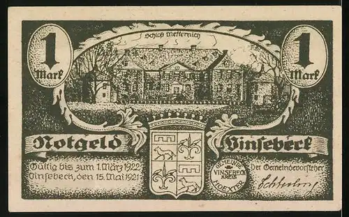 Notgeld Vinsebeck 1921, 1 Mark, Schloss Metternich, Epitaph aus der Kirche