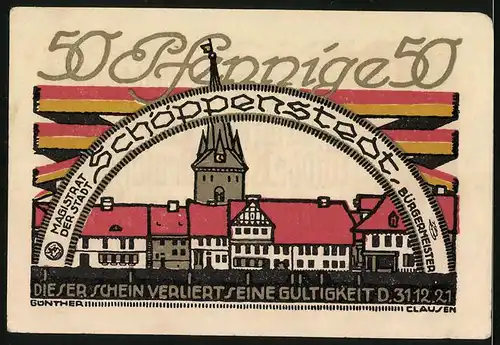 Notgeld Schöppenstedt 1921, 50 Pfennig, Häuser aus dem Ortskern