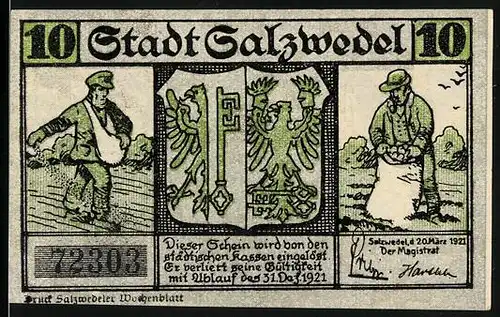 Notgeld Salzwedel 1921, 10 Pfennig, Burg, Bauern bei der Feldarbeit