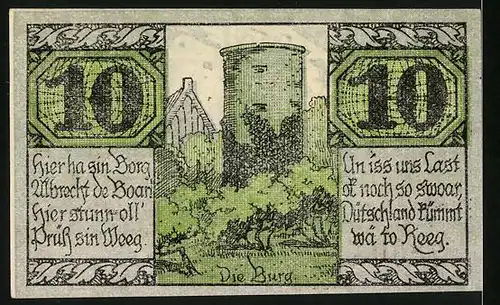 Notgeld Salzwedel 1921, 10 Pfennig, Burg, Bauern bei der Feldarbeit