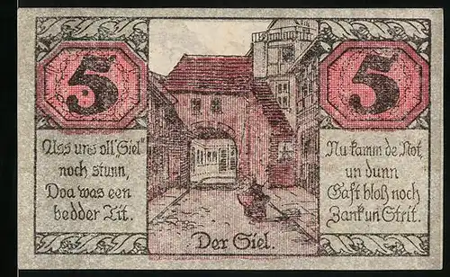 Notgeld Salzwedel 1921, 5 Pfennig, Strassenpartie am Siel, Bauer bei der Feldarbeit