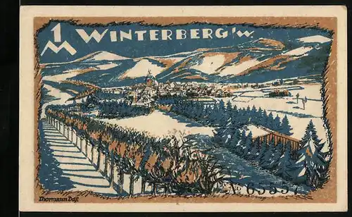 Notgeld Winterberg i. W., 1 Mark, Ortsansicht, Pfeifenraucher mit Kiepe
