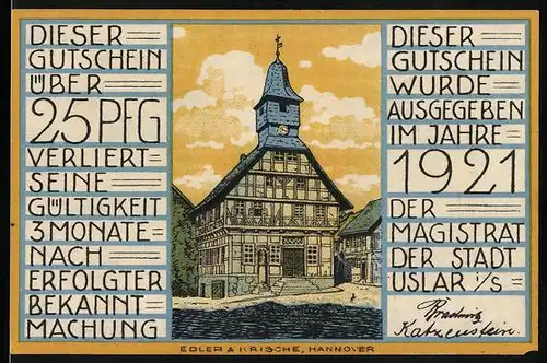 Notgeld Uslar i. S. 1921, 25 Pfennig, Rathaus, Wappen