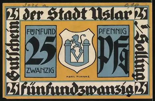 Notgeld Uslar i. S. 1921, 25 Pfennig, Rathaus, Wappen