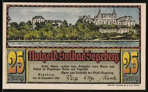 Notgeld Bad Segeberg 1920, 25 Pfennig, Schloss, Wappen