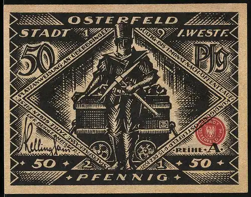 Notgeld Osterfeld i. W., 50 Pfennig, Bergmann mit Spitzhacke