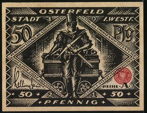 Notgeld Osterfeld i. W., 50 Pfennig, Bergmann vor Lore