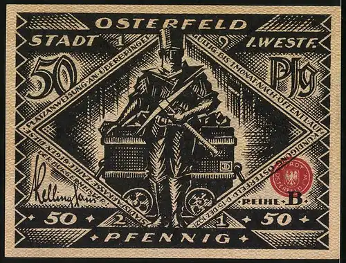 Notgeld Osterfeld i. W. 1921, 50 Pfennig, Besitzer einer Grube, Bergmann