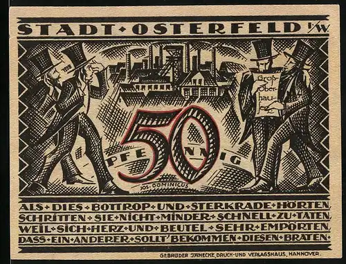 Notgeld Osterfeld i. W. 1921, 50 Pfennig, Bergmann mit Spitzhacke, Grube