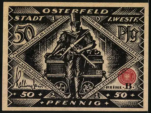 Notgeld Osterfeld i. W. 1921, 50 Pfennig, Bergmann mit Spitzhacke, Grube