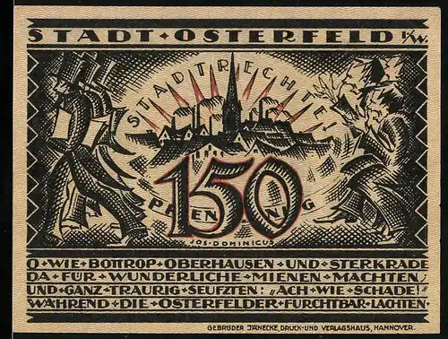 Notgeld Osterfeld i. W. 1921, 150 Pfennig, Bergmann mit Spitzhacke vor Lore, Stadtrechte