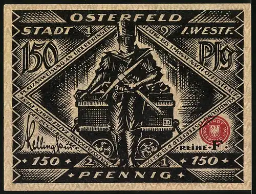 Notgeld Osterfeld i. W. 1921, 150 Pfennig, Bergmann mit Spitzhacke vor Lore, Stadtrechte