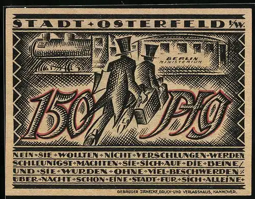 Notgeld Osterfeld i. W. 1921, 150 Pfennig, Eisenbahn zum Berliner Ministerium, Bergmann