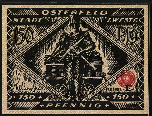 Notgeld Osterfeld i. W. 1921, 150 Pfennig, Eisenbahn zum Berliner Ministerium, Bergmann