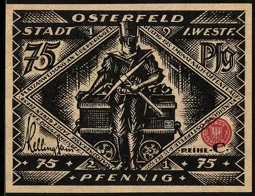 Notgeld Osterfeld i. W. 1921, 75 Pfennig, Bergmann vor Lore mit Kohle, Stadtwappen